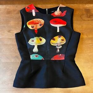 Women’s Black Sleeveless Peplum Top with Multicolor Mushroom Print